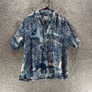 Vintage Boca Classics Hawaiian Shirt Men Large Blue Geometric Short Sleeve Linen